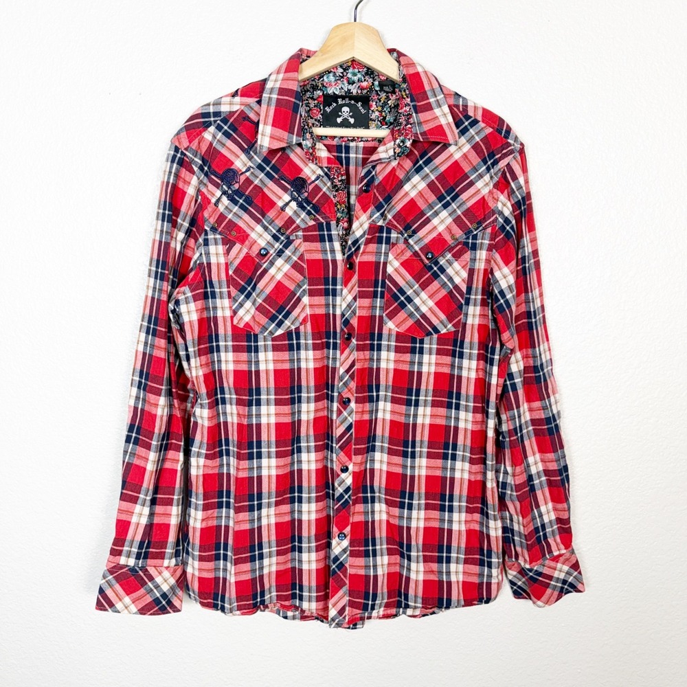 Rock Roll N Soul Skull Embroidered Western Plaid Flannel Shirt Mens Size L Red